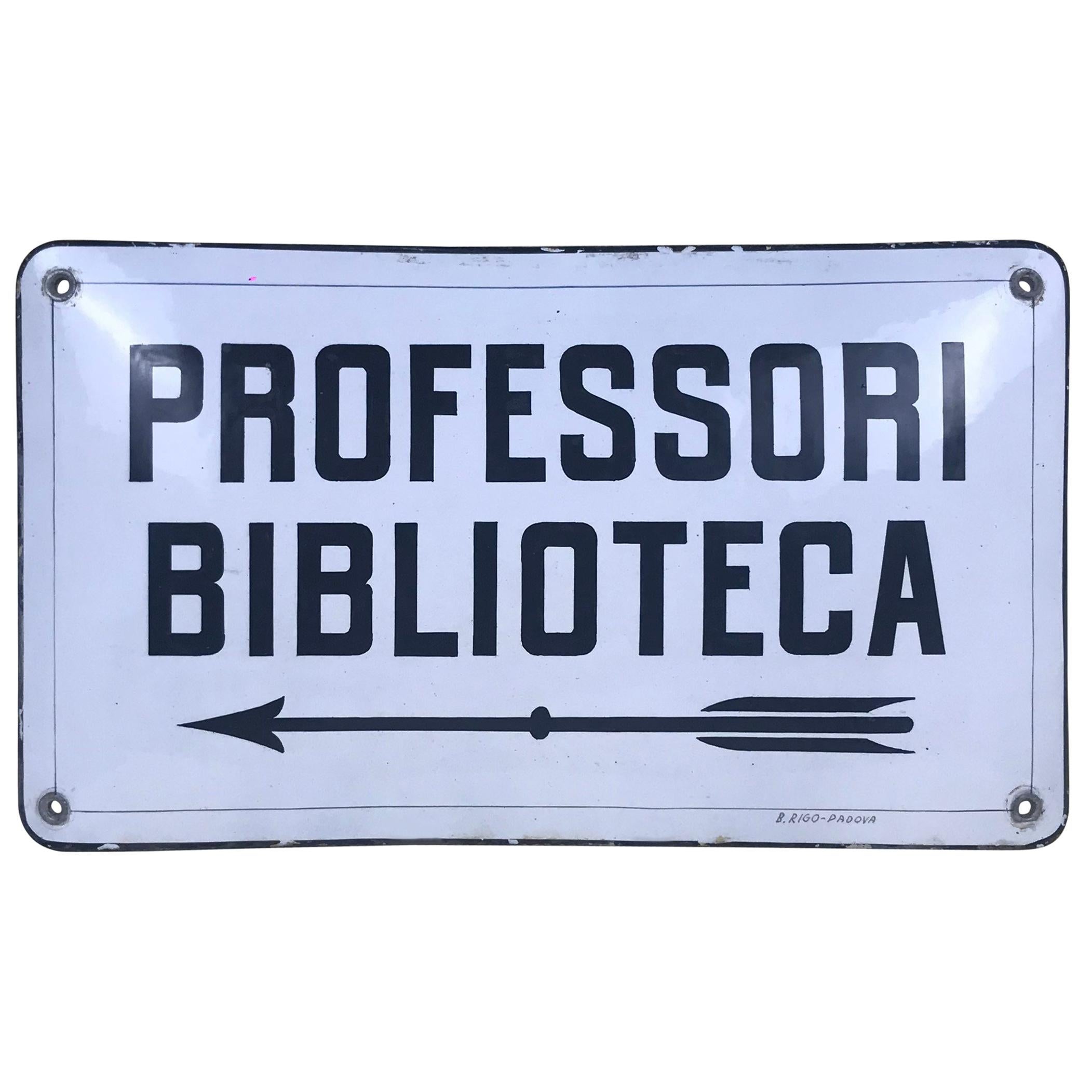 1930s Vintage Italian Enamel Metal Sign "Professori Biblioteca", School Library For Sale