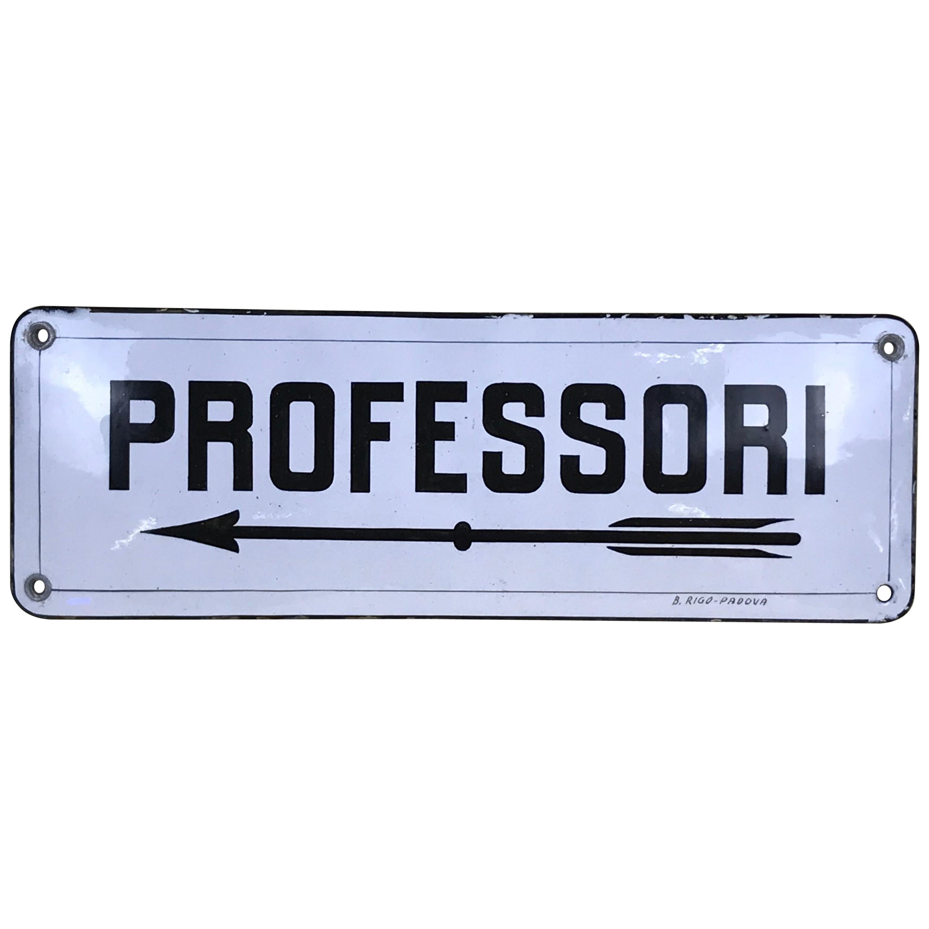 1930s Vintage Italian Enamel Metal Sign "Professori" ‘the Teachers' Room’ For Sale