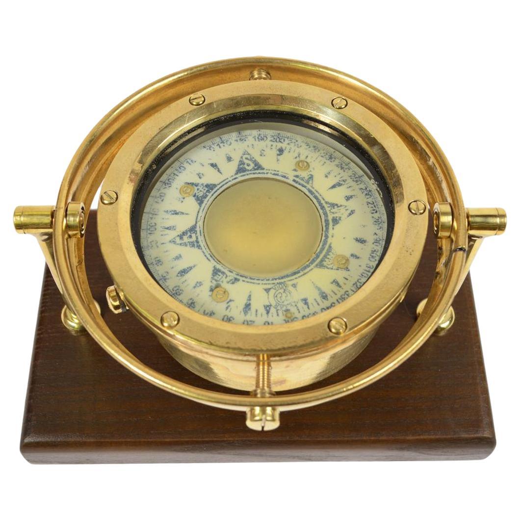1930s Vintage Nautical Indian Brass Magnetic Compass Mounted on Wooden Board
