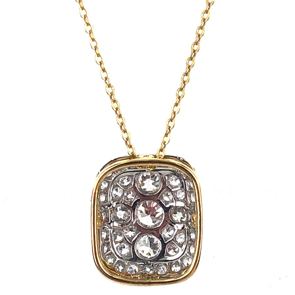 Art Deco 1930s Vintage Old European Cut Diamond Platinum Yellow Gold Pendant Necklace