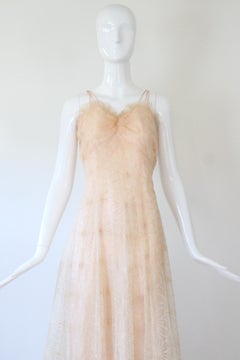 1930s Vintage Peach Lace Gown with Floral Embroidery, US 6 UK 10