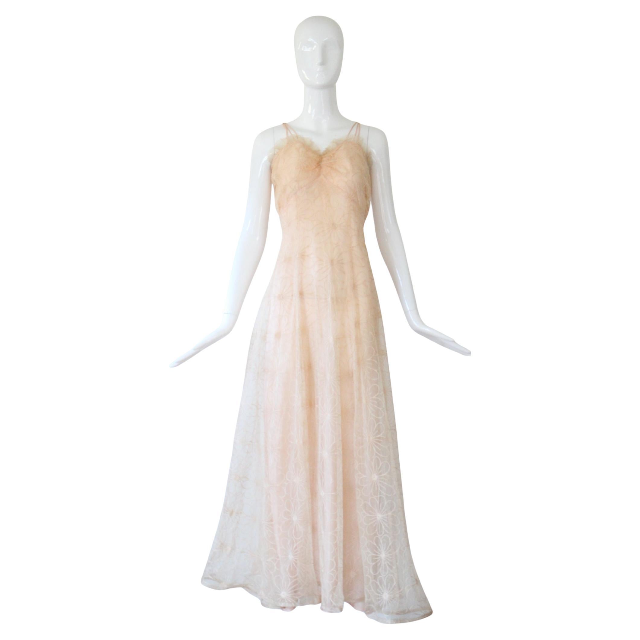 1930s Vintage Peach Lace Gown with Floral Embroidery, US 6 UK 10