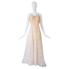 1930s Vintage Peach Lace Gown with Floral Embroidery, US 6 UK 10