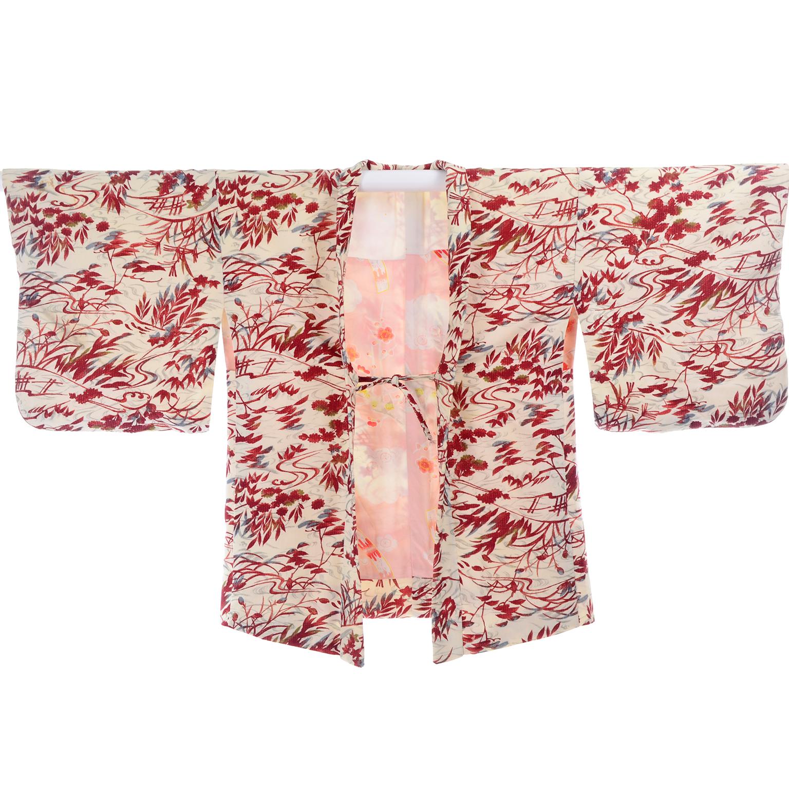 1930s Vintage Red & Cream Haori Silk Kimono Jacket 1