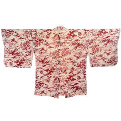1930s Vintage Red & Cream Haori Silk Kimono Jacket