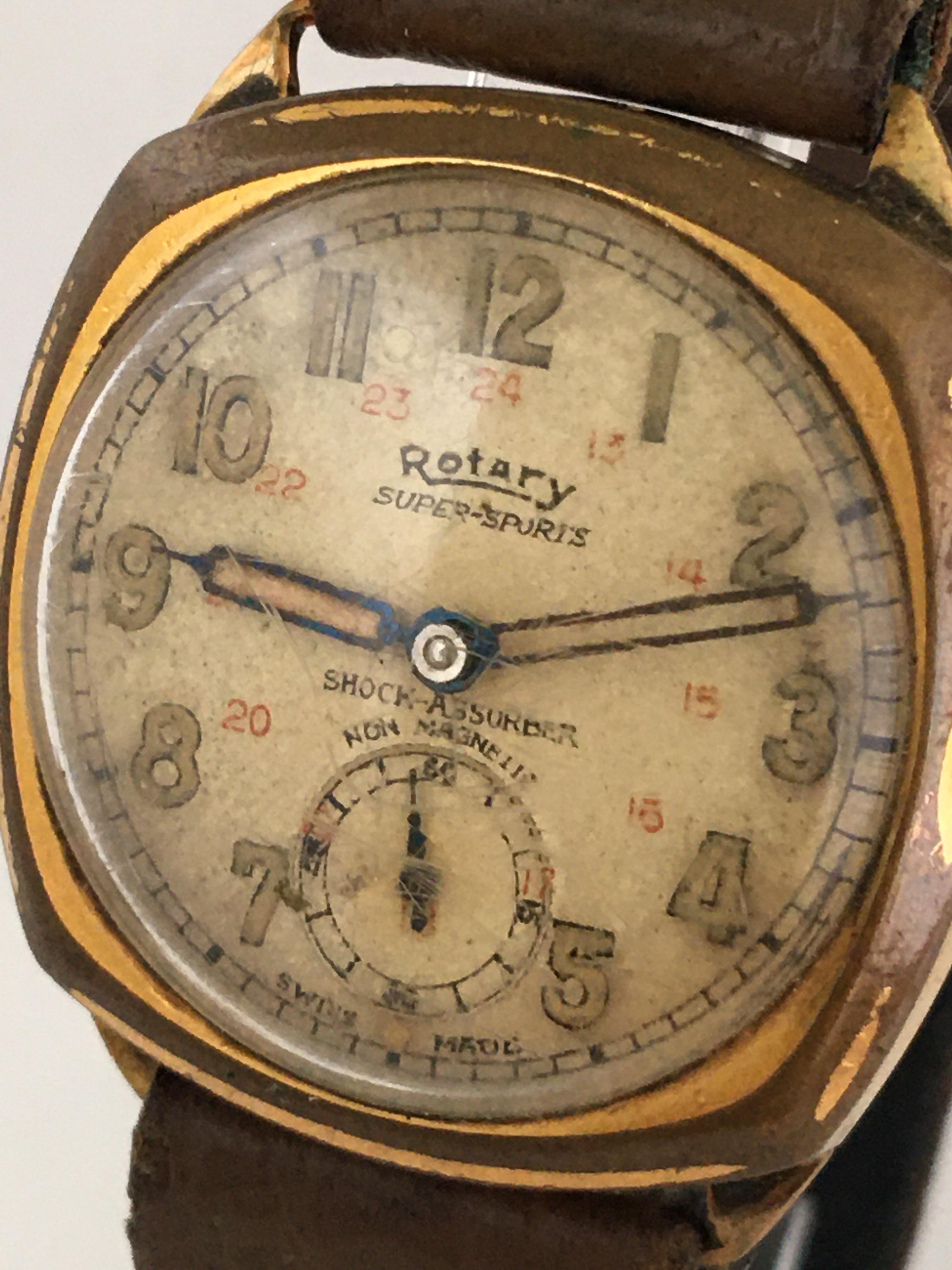 1930s Vintage Rotary24 Super Sports Gold-Plated Cushion Military Watch 5