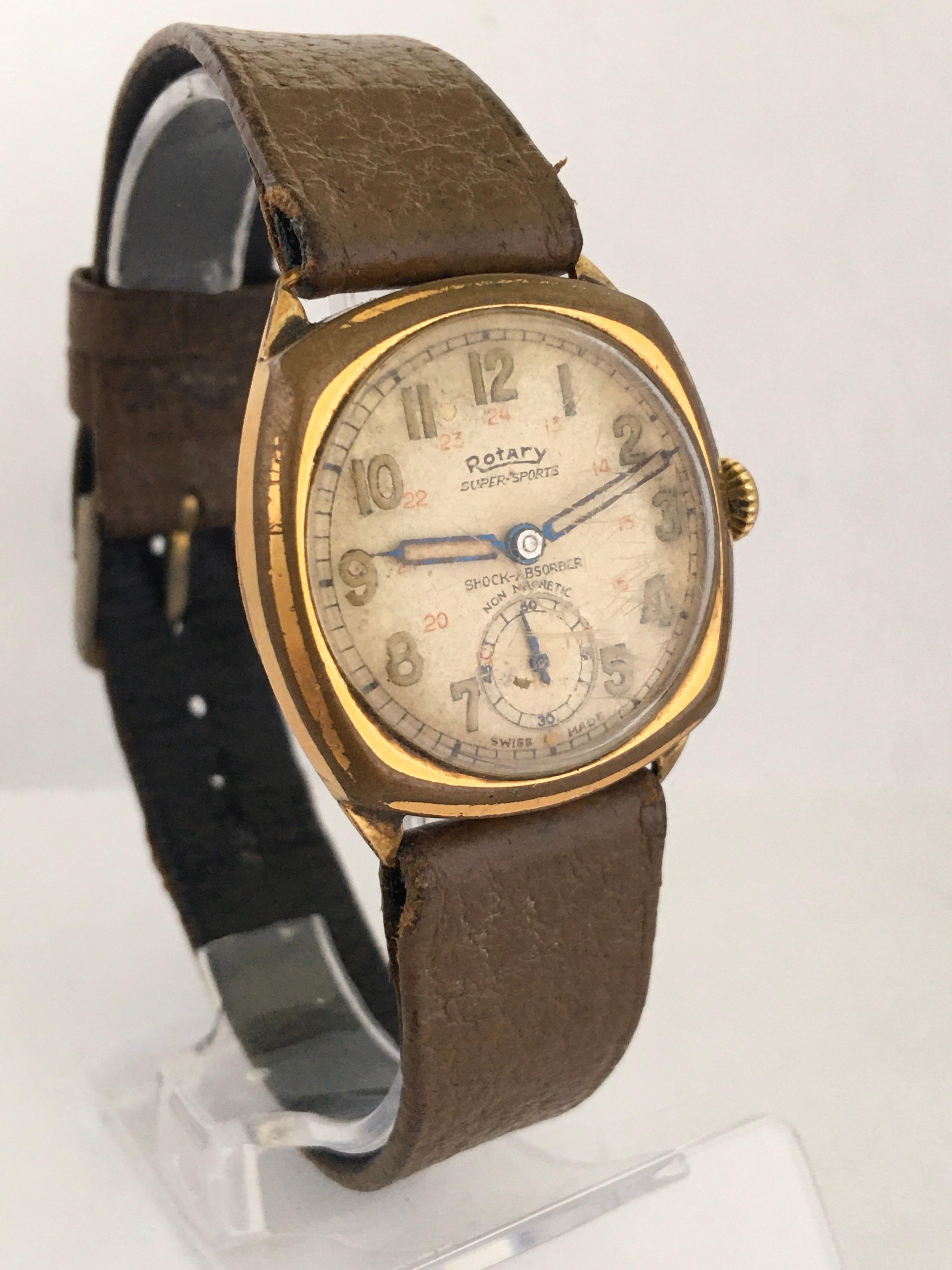 1930s Vintage Rotary24 Super Sports Gold-Plated Cushion Military Watch 6
