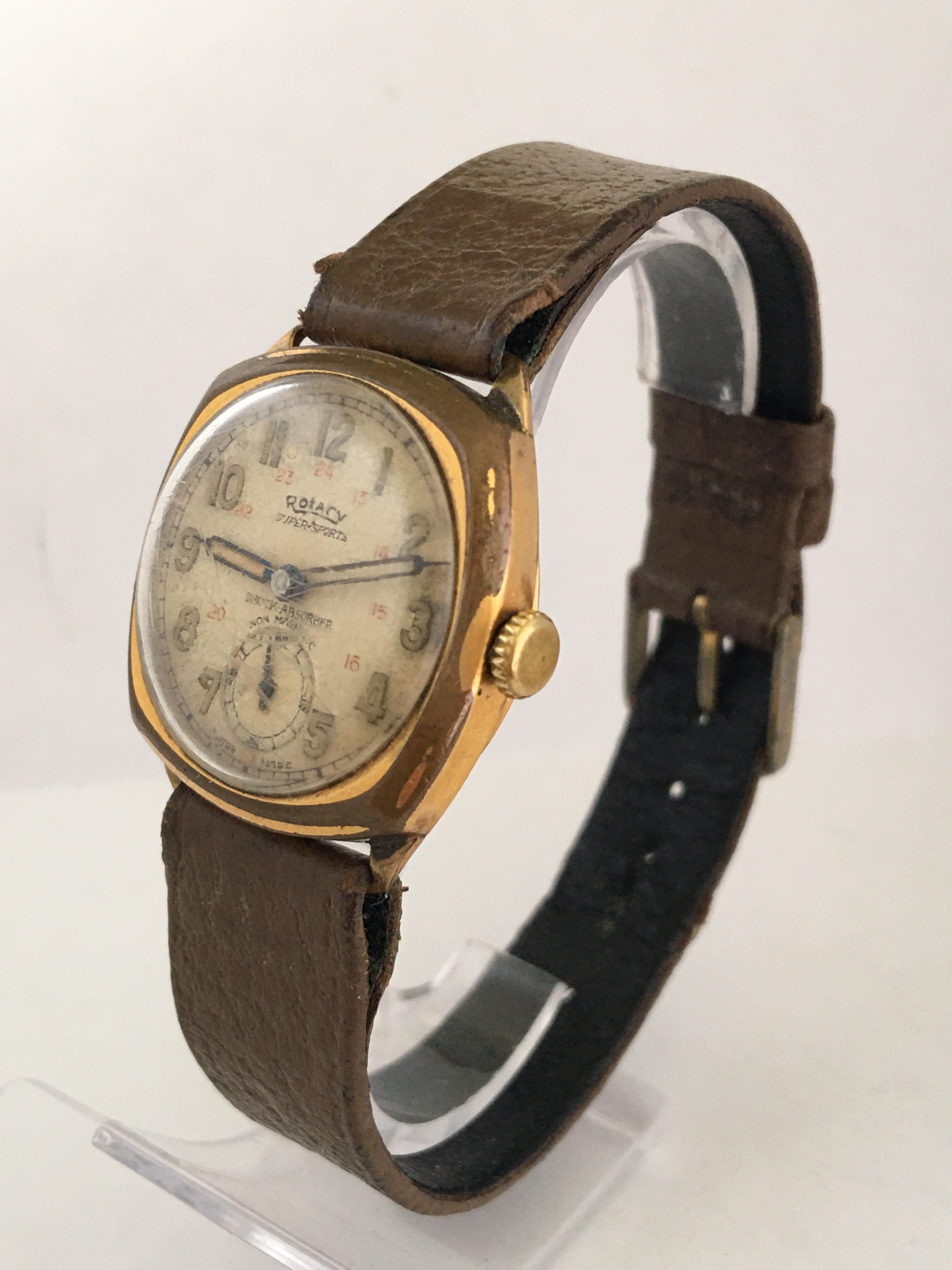 This pre-owned vintage watch is working and ticking well. Visible wear and tear on the watch gold plated case as shown. Watch case tarnished and a tear on the back cover as show.

Please study the images carefully as form part of the description.