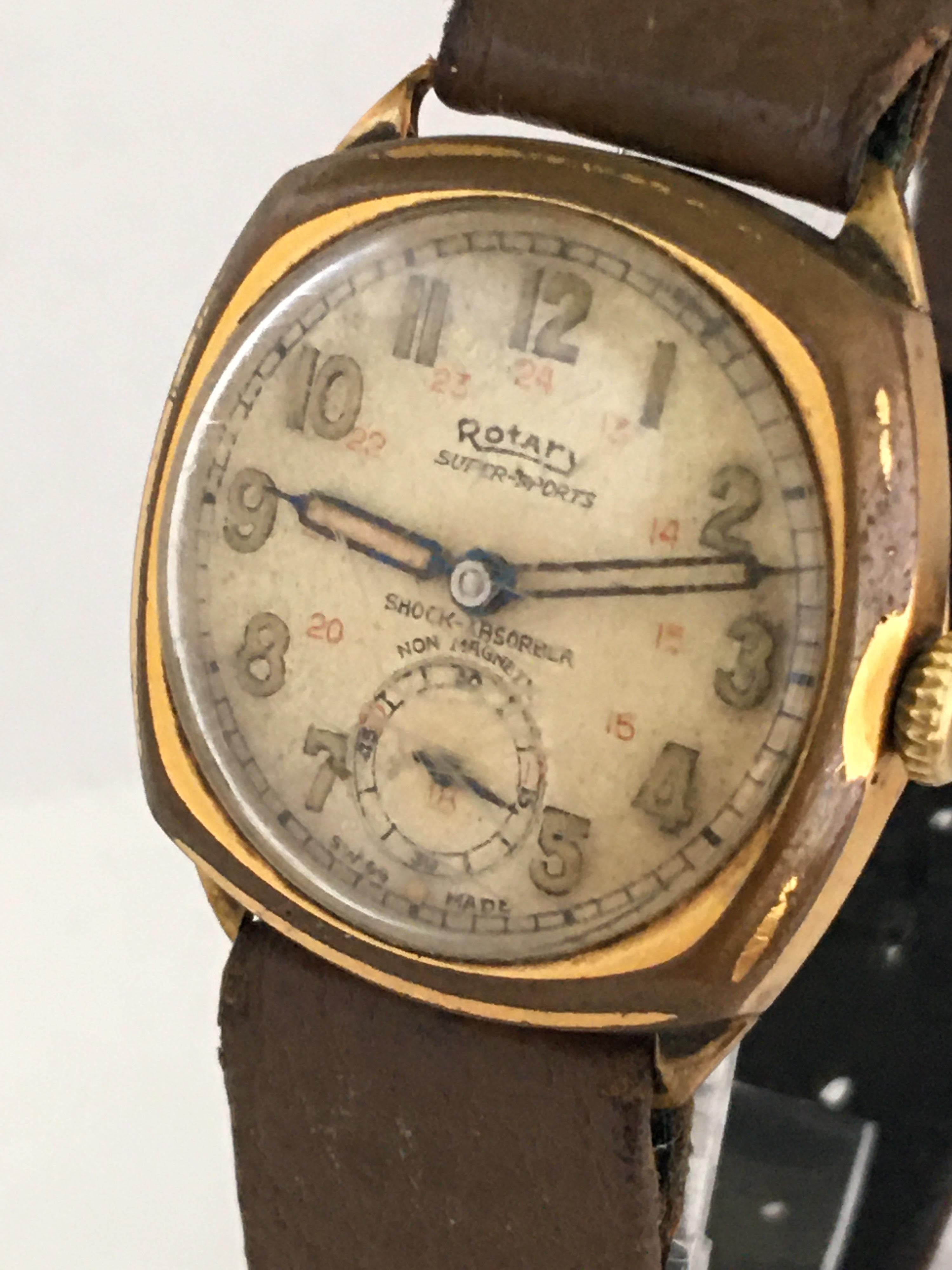 1930s Vintage Rotary24 Super Sports Gold-Plated Cushion Military Watch In Fair Condition In Carlisle, GB