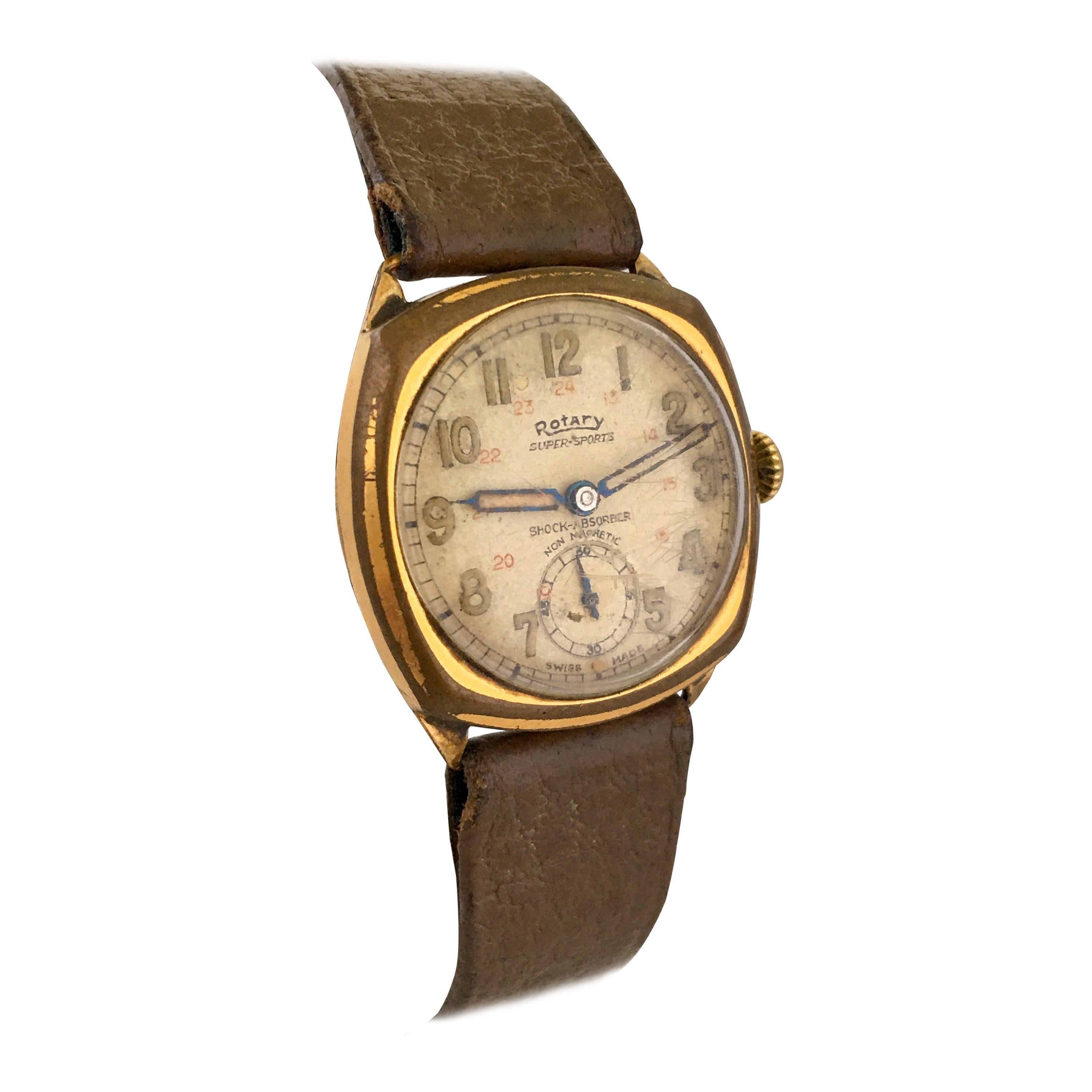 1930s Vintage Rotary24 Super Sports Gold-Plated Cushion Military Watch