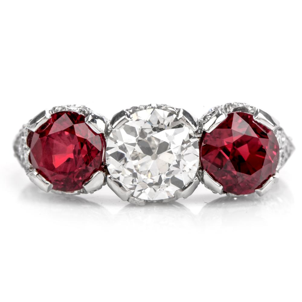 Art Deco 1930s Vintage Ruby Diamond Three-Stone Platinum Three-Stone Ring