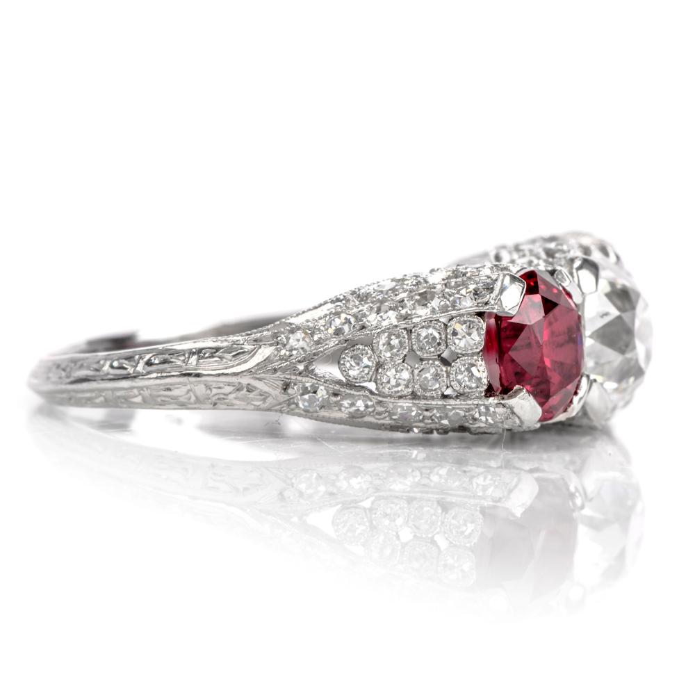 Women's or Men's 1930s Vintage Ruby Diamond Three-Stone Platinum Three-Stone Ring