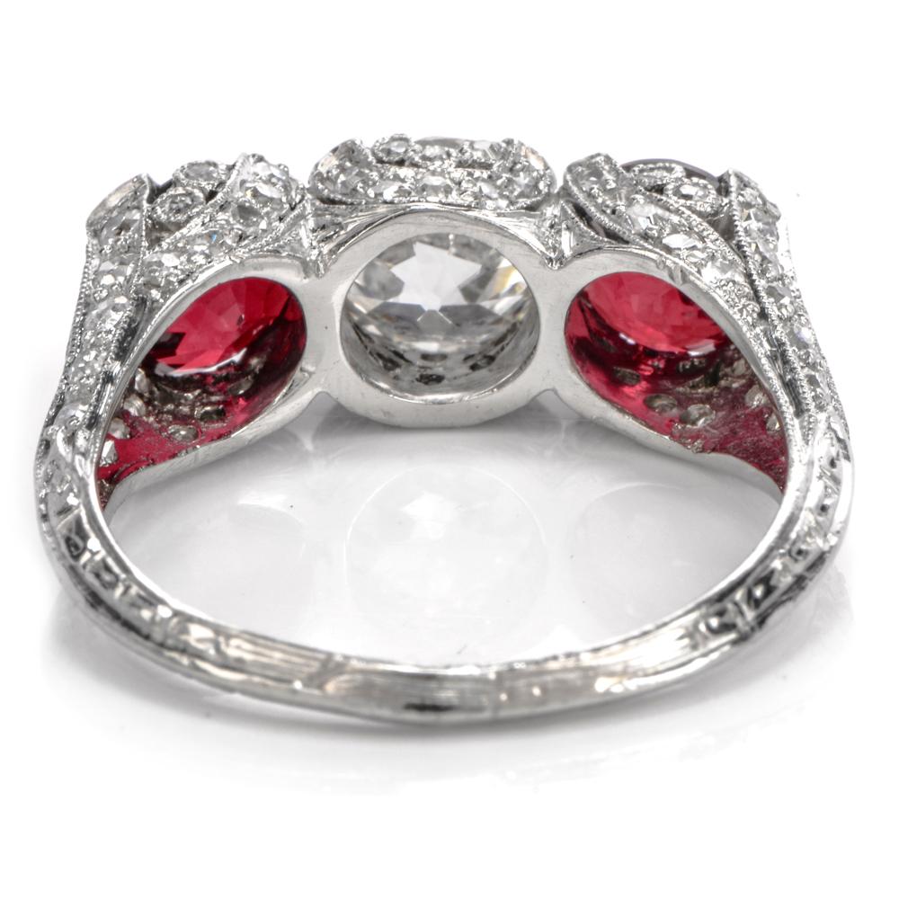 1930s Vintage Ruby Diamond Three-Stone Platinum Three-Stone Ring 1