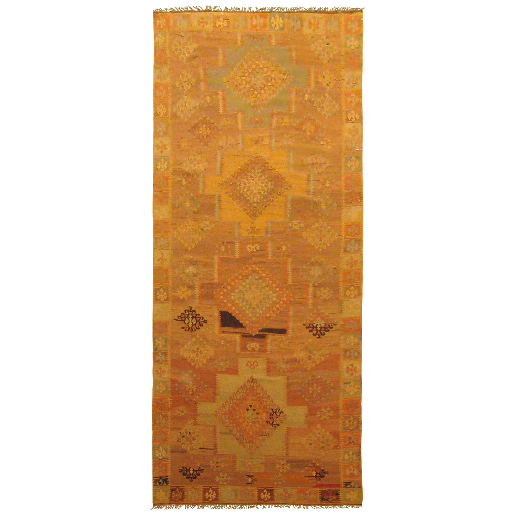 Vintage Turkish Kilim Oriental Rug in Runner size, Geometric & Soft Earth Tones For Sale