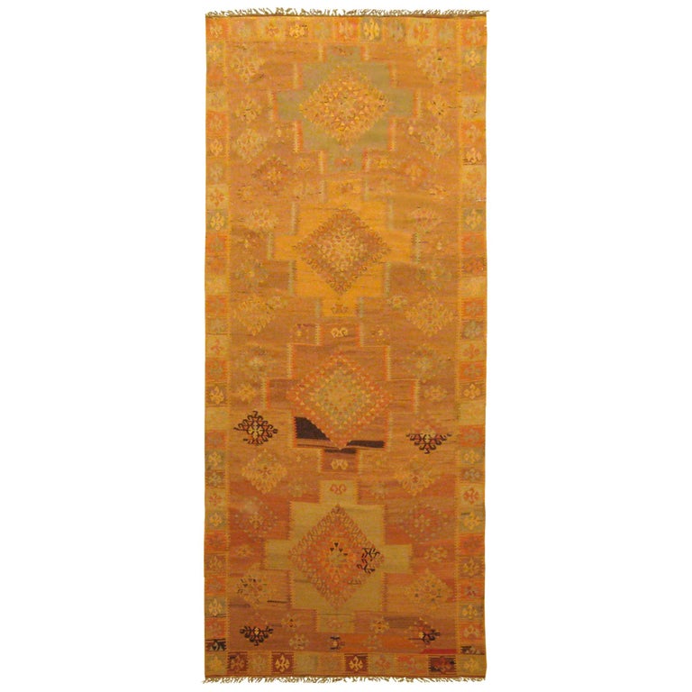 Vintage Turkish Kilim Oriental Rug in Runner size, Geometric and Soft