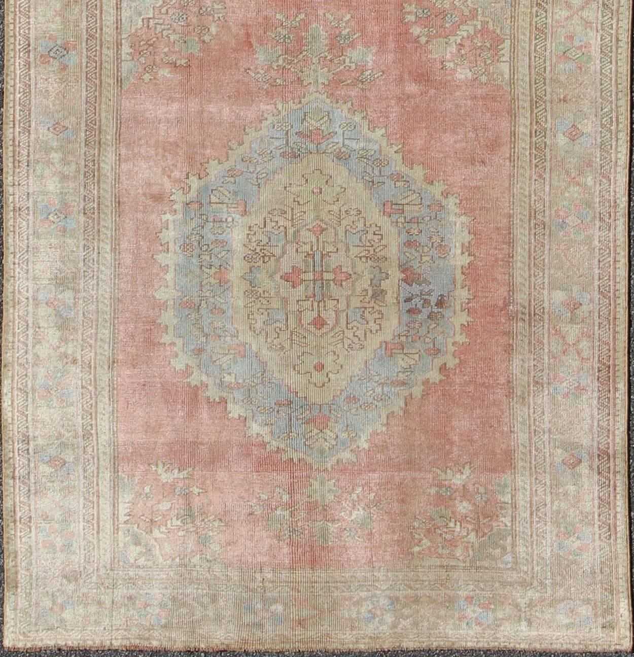 Measures: 5' x 14'4
Vintage Turkish Oushak Gallery Runner in Pink, Orange, Gray, L. Blue and Cream. Keivan Woven Arts / rug NA-54546, country of origin / type: Turkey / Oushak, circa 1930


