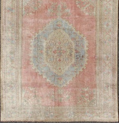 Vintage Turkish Oushak Gallery Runner in Pink, Orange, Gray, L. Blue and Cream