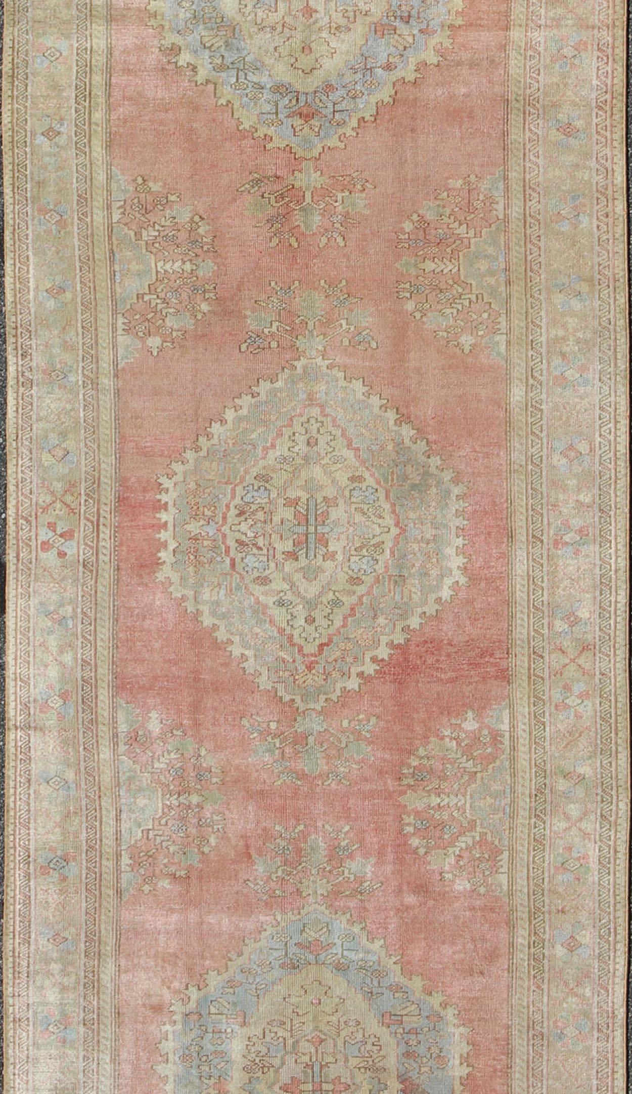 Hand-Knotted 1930s Vintage Turkish Oushak Runner in Pink, Orange, Gray, L. Blue and Cream For Sale