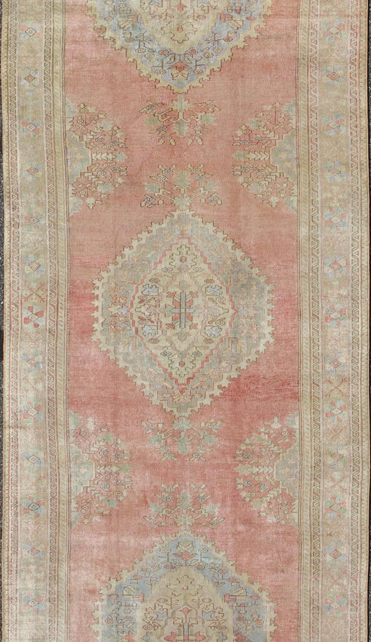 Hand-Knotted Vintage Turkish Oushak Gallery Runner in Pink, Orange, Gray, L. Blue and Cream For Sale