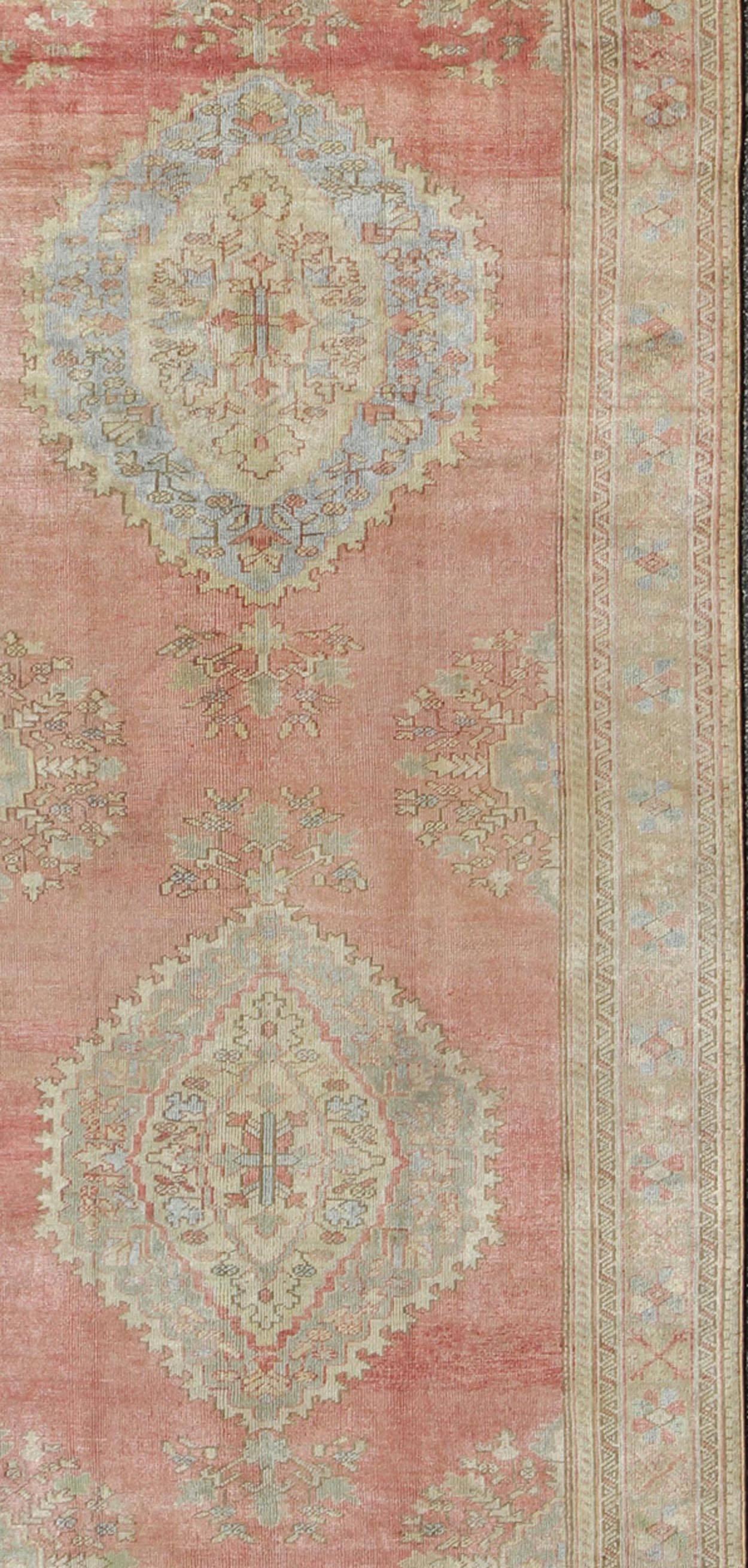 Vintage Turkish Oushak Gallery Runner in Pink, Orange, Gray, L. Blue and Cream In Excellent Condition For Sale In Atlanta, GA