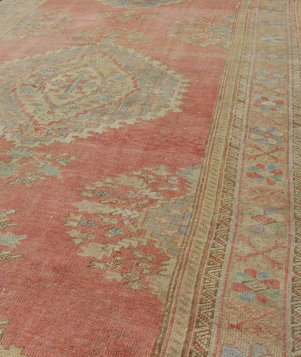 Mid-20th Century 1930s Vintage Turkish Oushak Runner in Pink, Orange, Gray, L. Blue and Cream For Sale