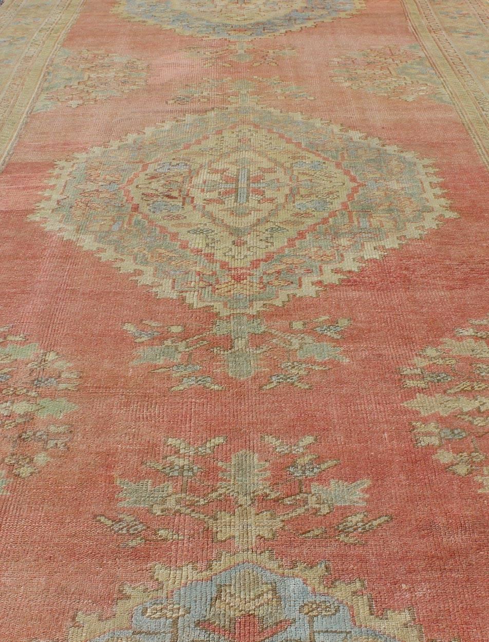 Wool 1930s Vintage Turkish Oushak Runner in Pink, Orange, Gray, L. Blue and Cream For Sale