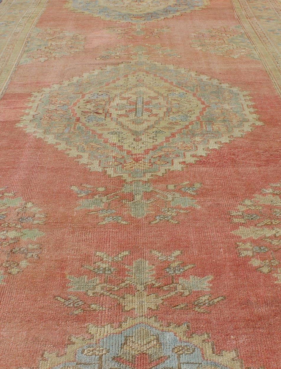 Wool Vintage Turkish Oushak Gallery Runner in Pink, Orange, Gray, L. Blue and Cream For Sale