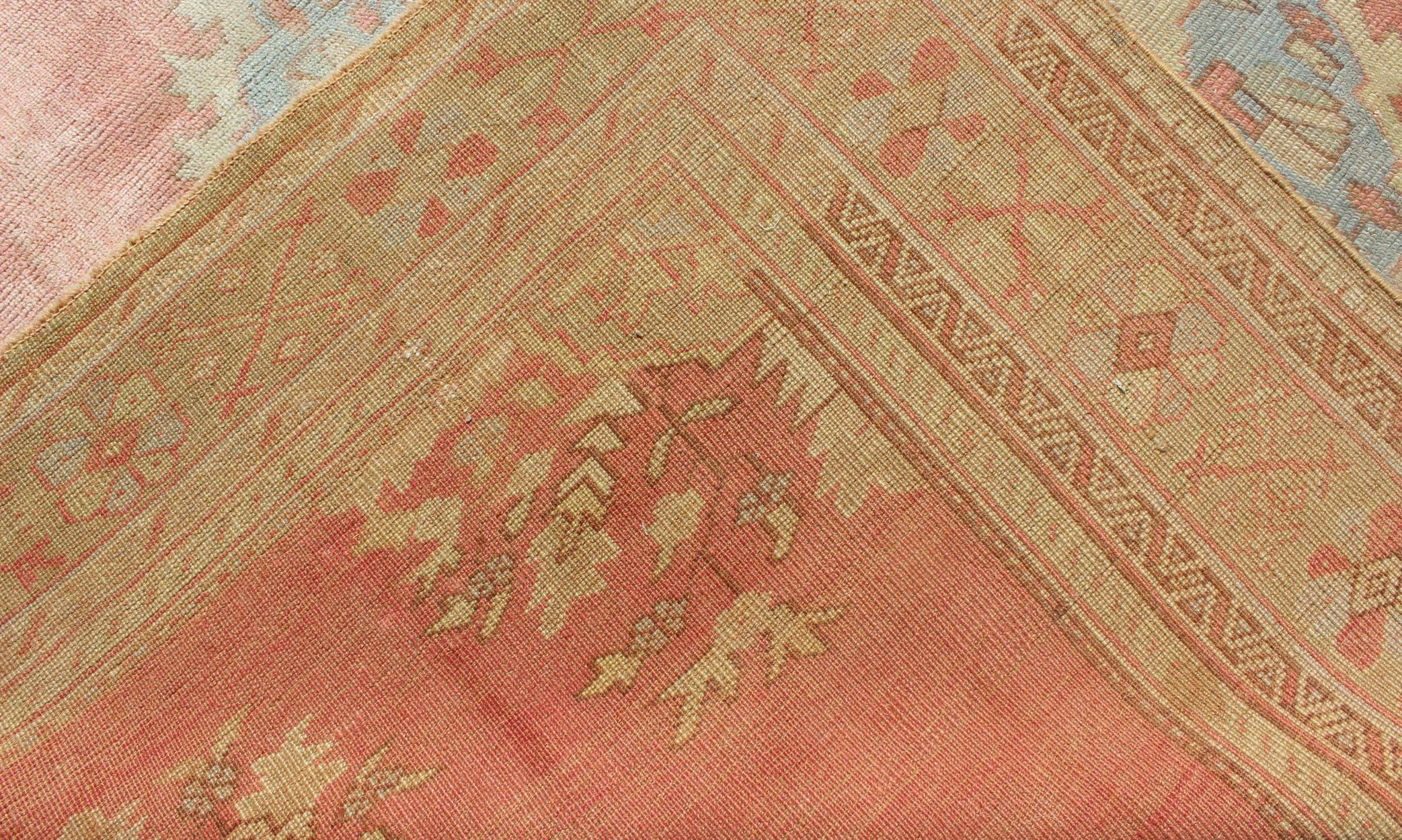 Vintage Turkish Oushak Gallery Runner in Pink, Orange, Gray, L. Blue and Cream For Sale 1