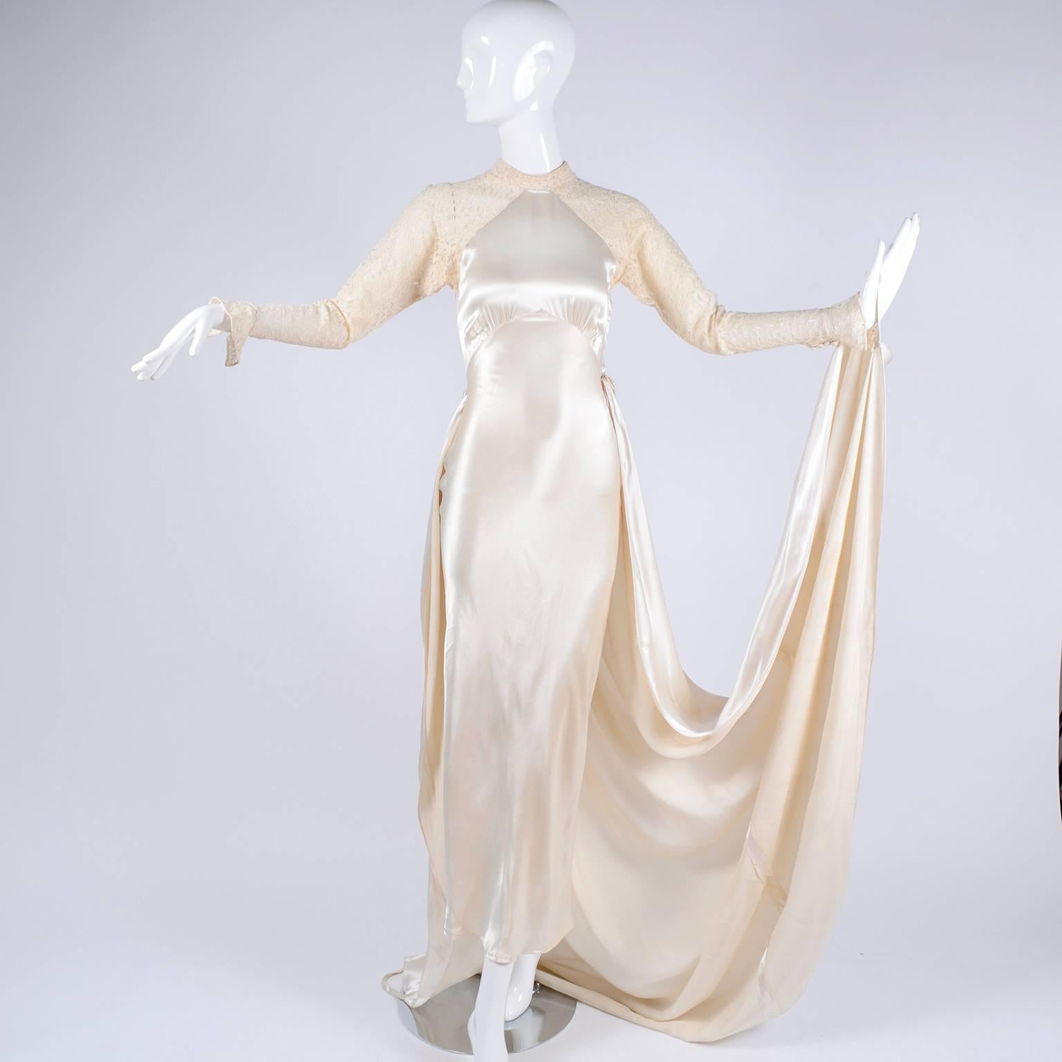 Wedding Gown Vintage Dress in Champagne Silk Satin With Lace and Train, 1930s 3