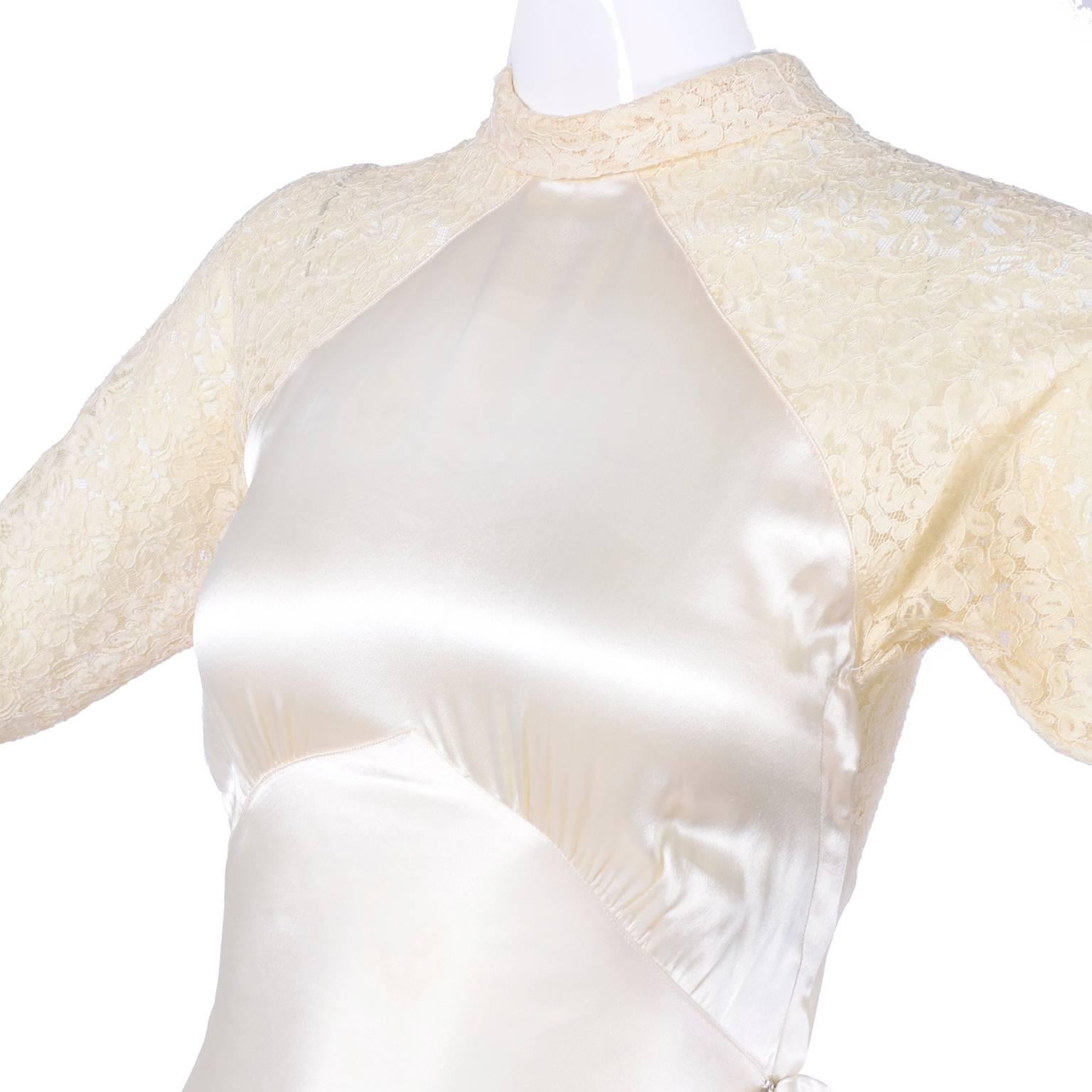 Wedding Gown Vintage Dress in Champagne Silk Satin With Lace and Train, 1930s 5