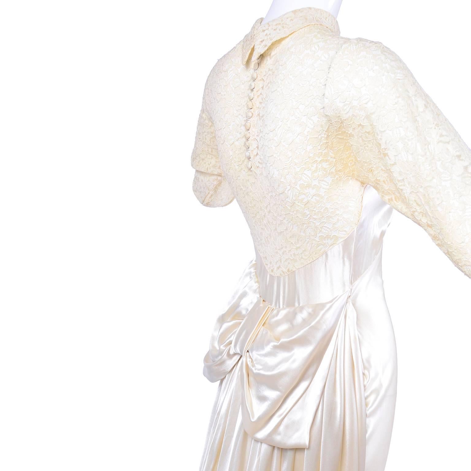 Wedding Gown Vintage Dress in Champagne Silk Satin With Lace and Train, 1930s 8