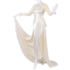 Wedding Gown Vintage Dress in Champagne Silk Satin With Lace and Train, 1930s