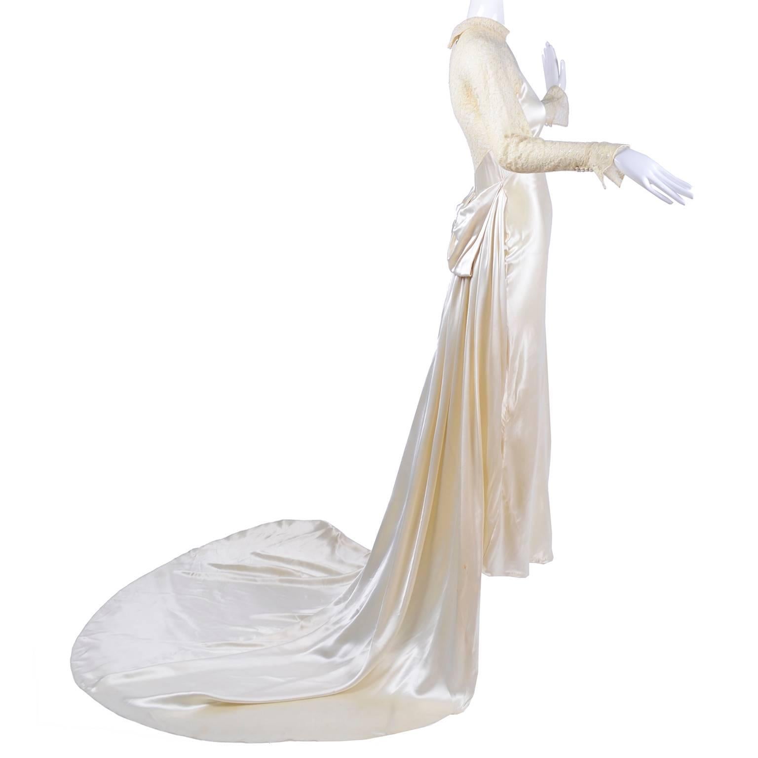 Beige Wedding Gown Vintage Dress in Champagne Silk Satin With Lace and Train, 1930s