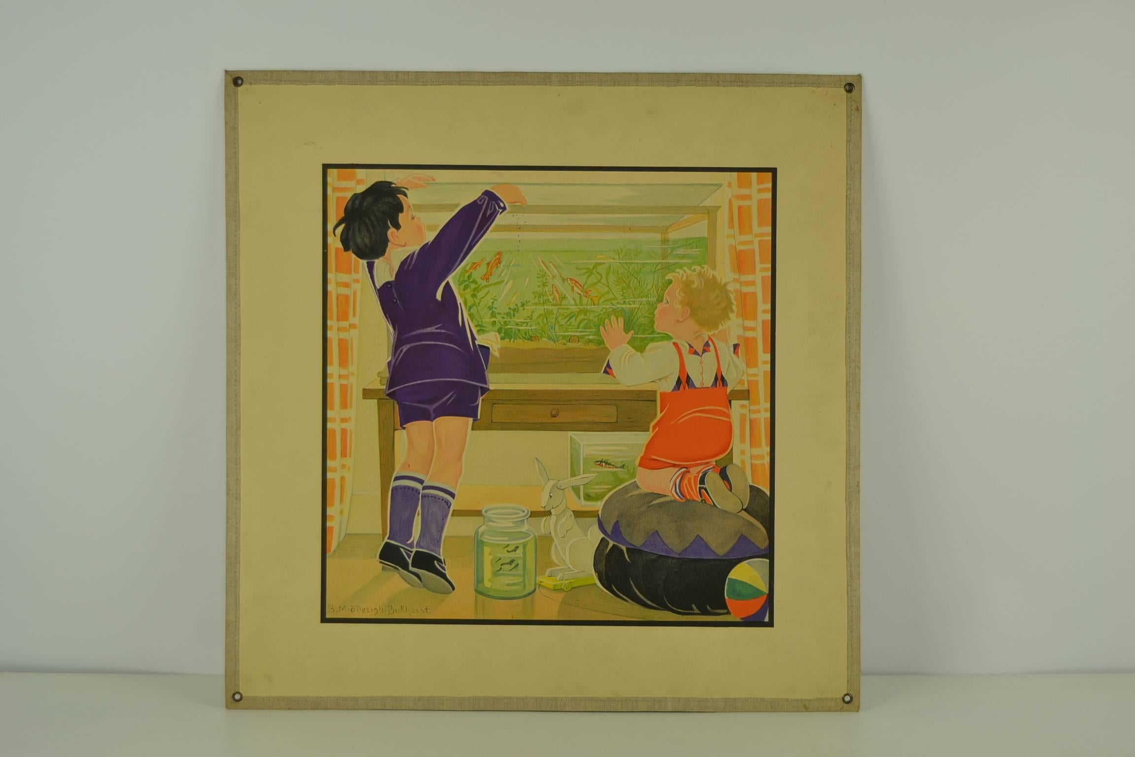 Colorato poster scolastico educativo litografico degli anni '30 con supporto in lino. 
Questa tabella scolastica in stile Art Déco - Cartellone da parete è stata disegnata nel 1936 dalla signora B. Midderigh-Bokhorst. 
È nata nelle Indie Orientali