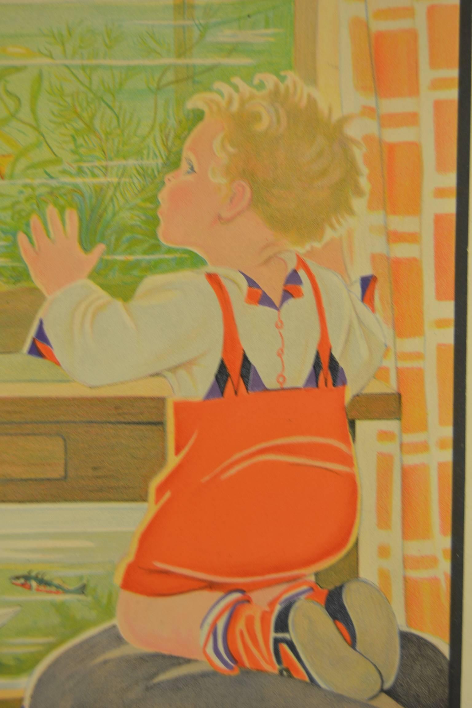 Olandese Grafico scolastico da parete del 1930, Nutrire i pesci, Midderigh - Bokhorst, Paesi Bassi