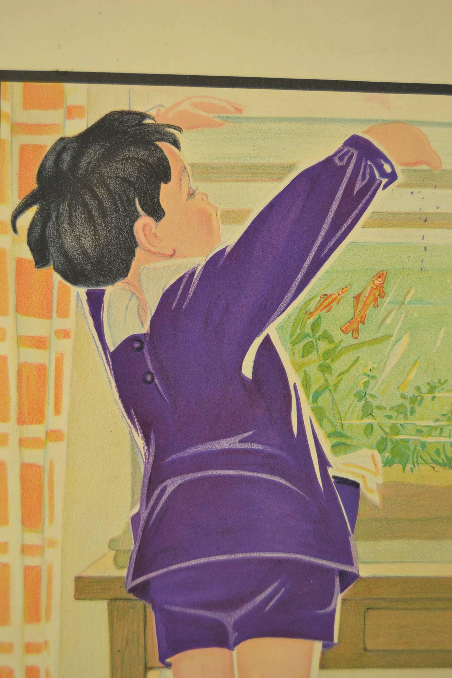 Grafico scolastico da parete del 1930, Nutrire i pesci, Midderigh - Bokhorst, Paesi Bassi In condizioni buone a Retie, BE