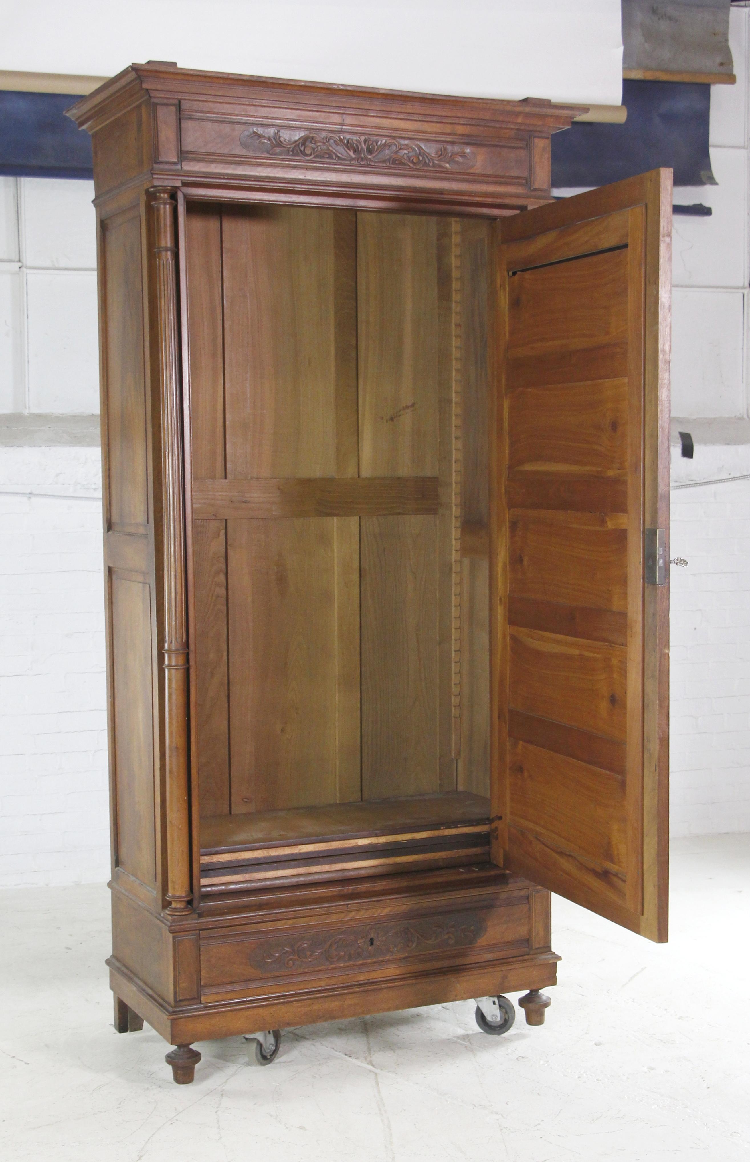 1930s Walnut Armoire Carved Details W/ 7 Shelves Small Drawer and Beveled Mirror 4