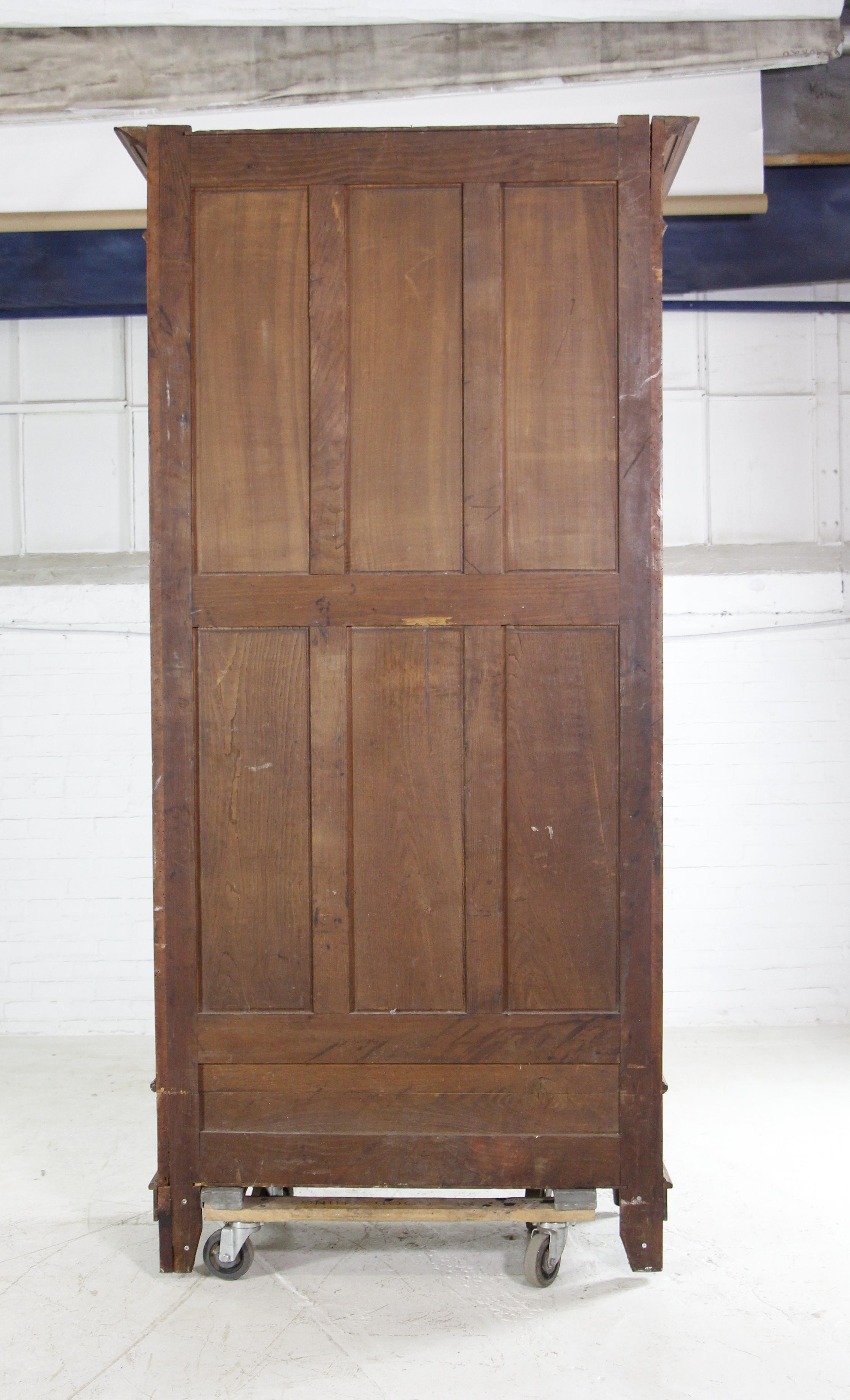 1930s Walnut Armoire Carved Details W/ 7 Shelves Small Drawer and Beveled Mirror 7
