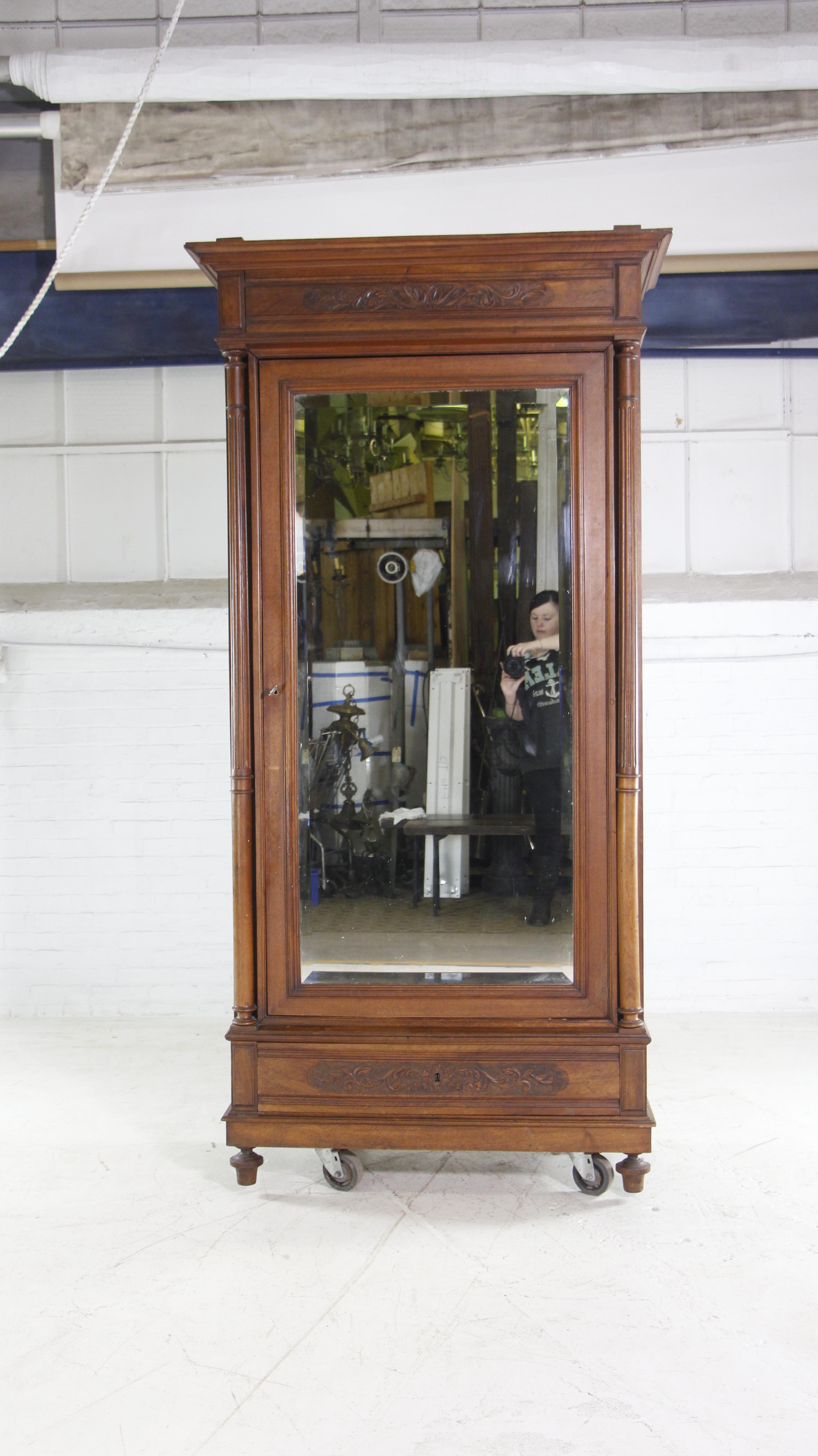 1930s Walnut Armoire Carved Details W/ 7 Shelves Small Drawer and Beveled Mirror 11