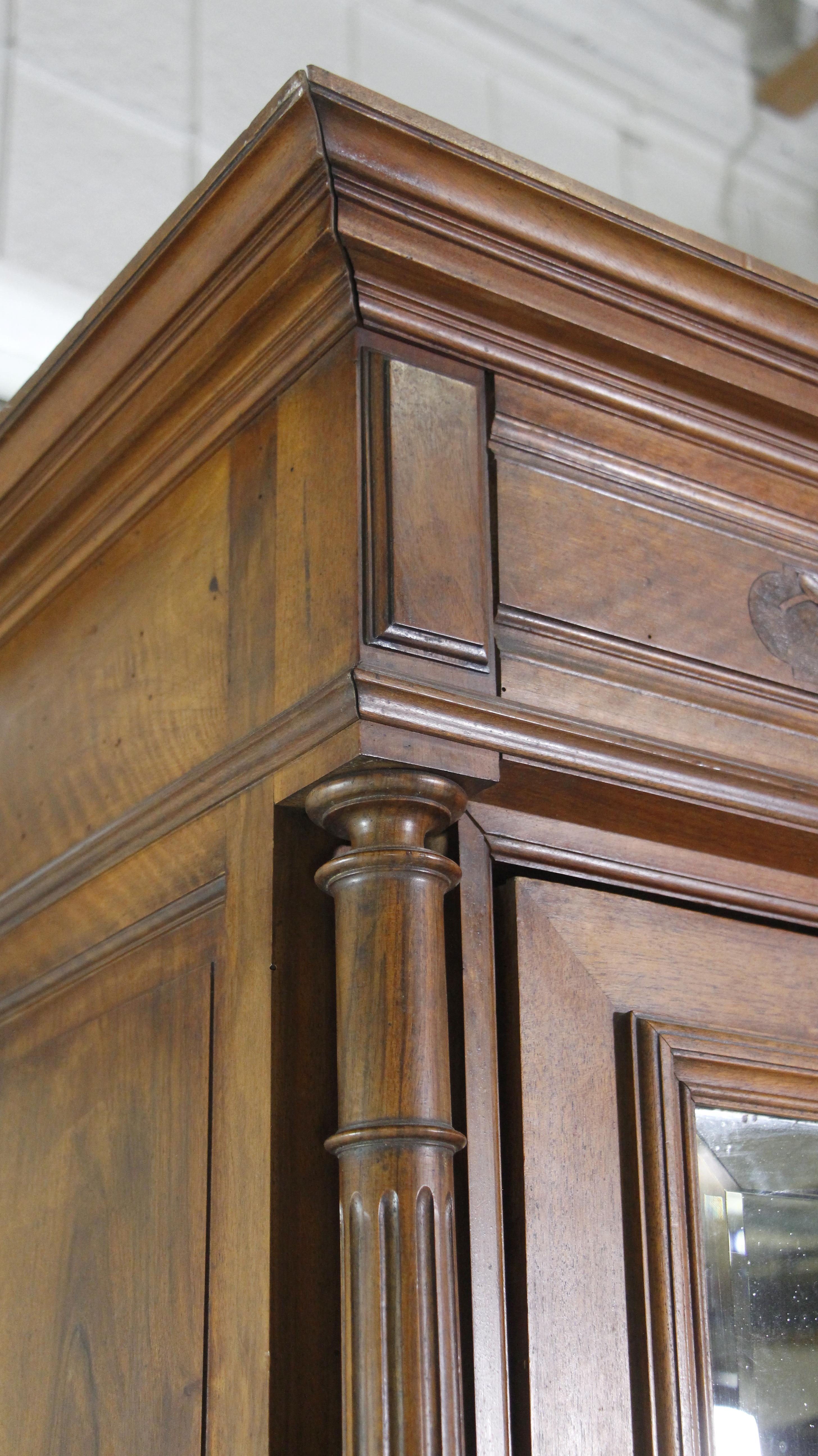 American 1930s Walnut Armoire Carved Details W/ 7 Shelves Small Drawer and Beveled Mirror