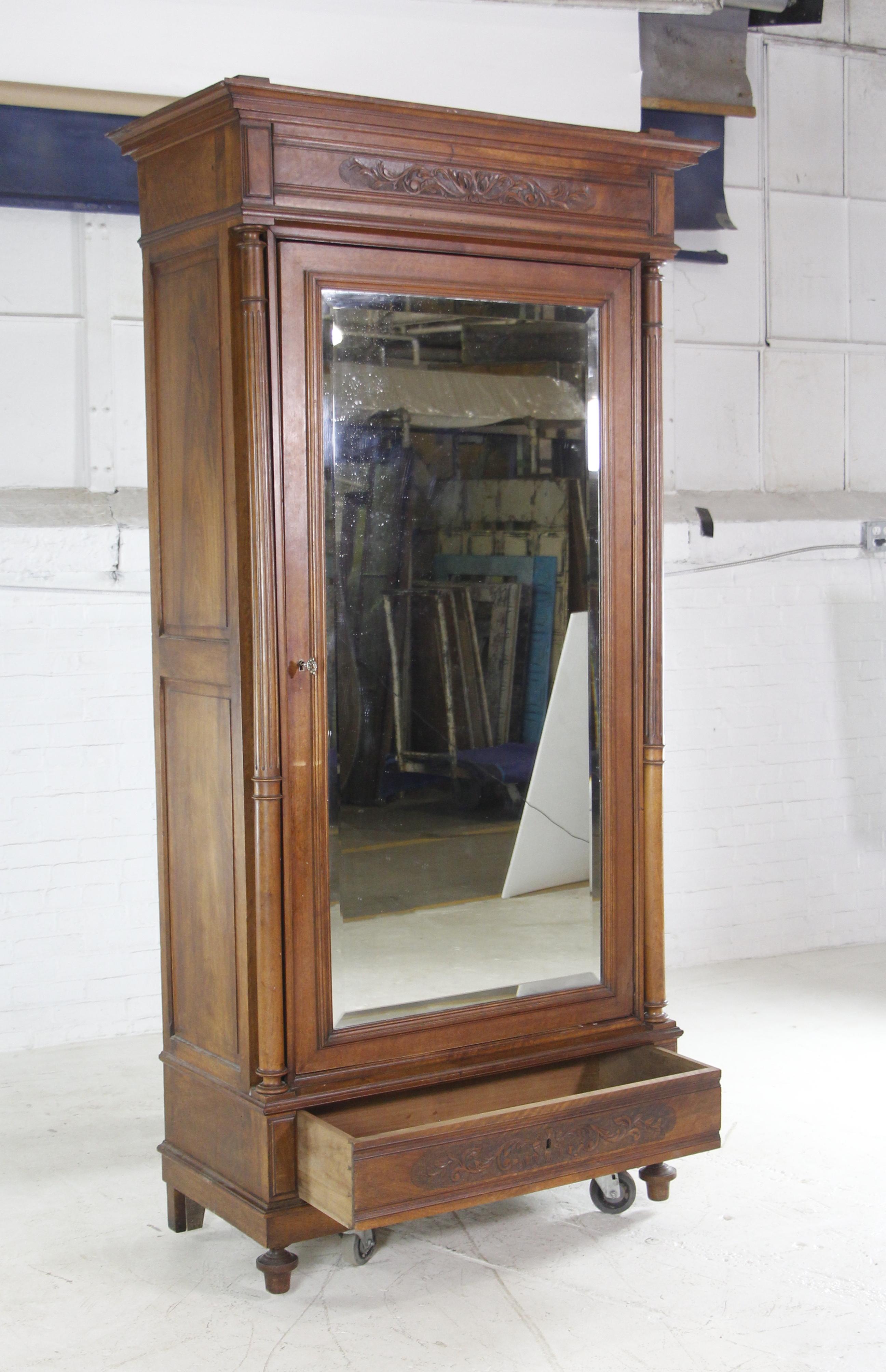 Mid-20th Century 1930s Walnut Armoire Carved Details W/ 7 Shelves Small Drawer and Beveled Mirror