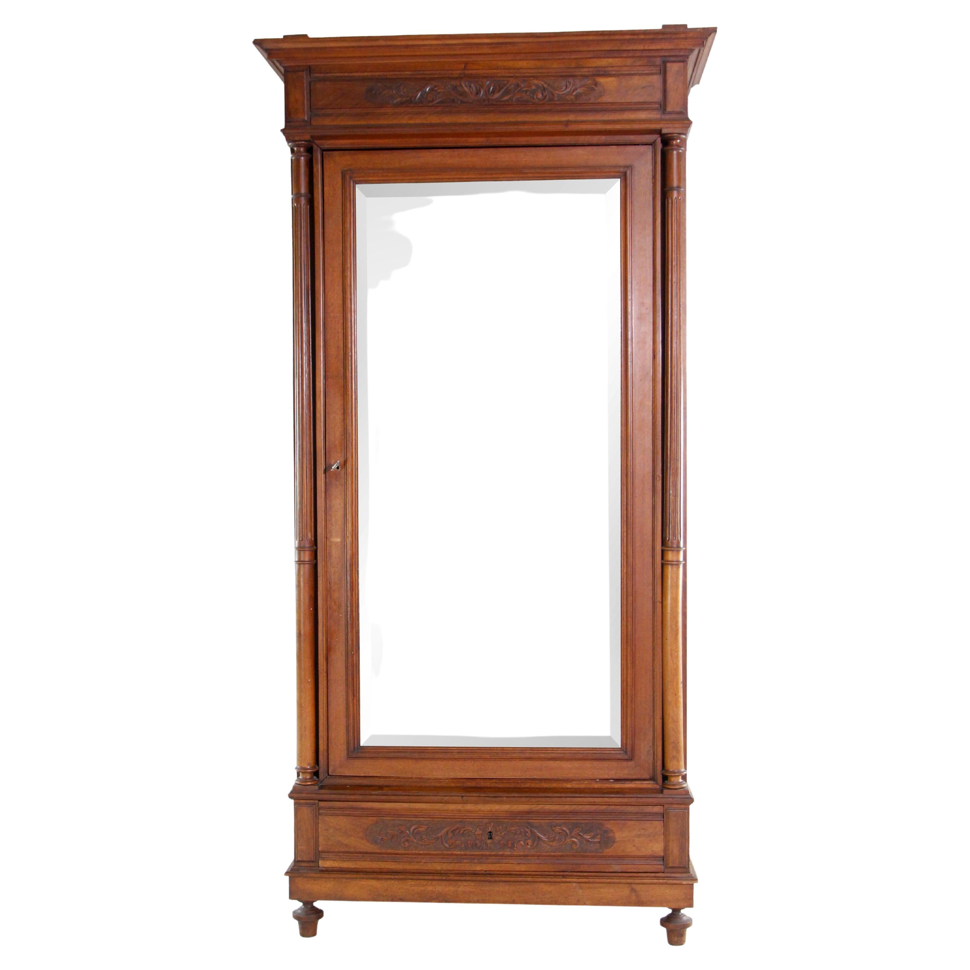 1930s Walnut Armoire Carved Details W/ 7 Shelves Small Drawer and Beveled Mirror