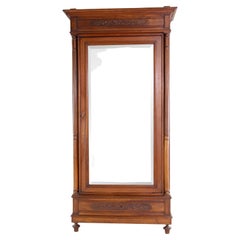 Vintage 1930s Walnut Armoire Carved Details W/ 7 Shelves Small Drawer and Beveled Mirror