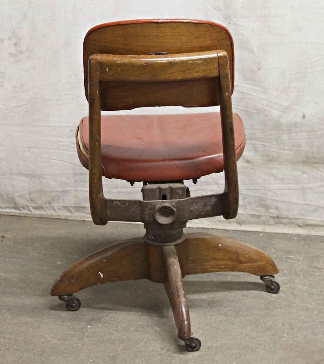 Industrial 1930s Walnut Frame Desk Rolling Chair with Red Leatherette