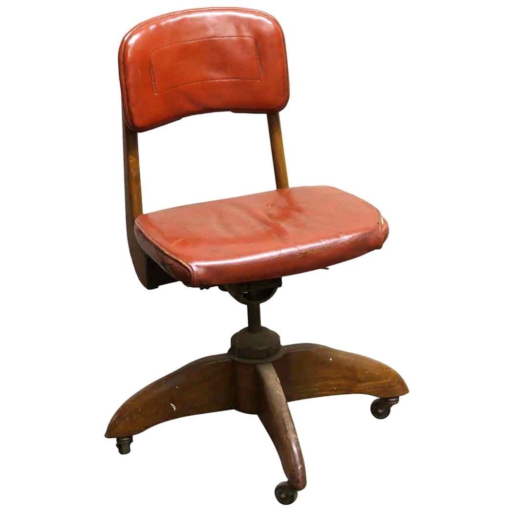 1930s Walnut Frame Desk Rolling Chair with Red Leatherette