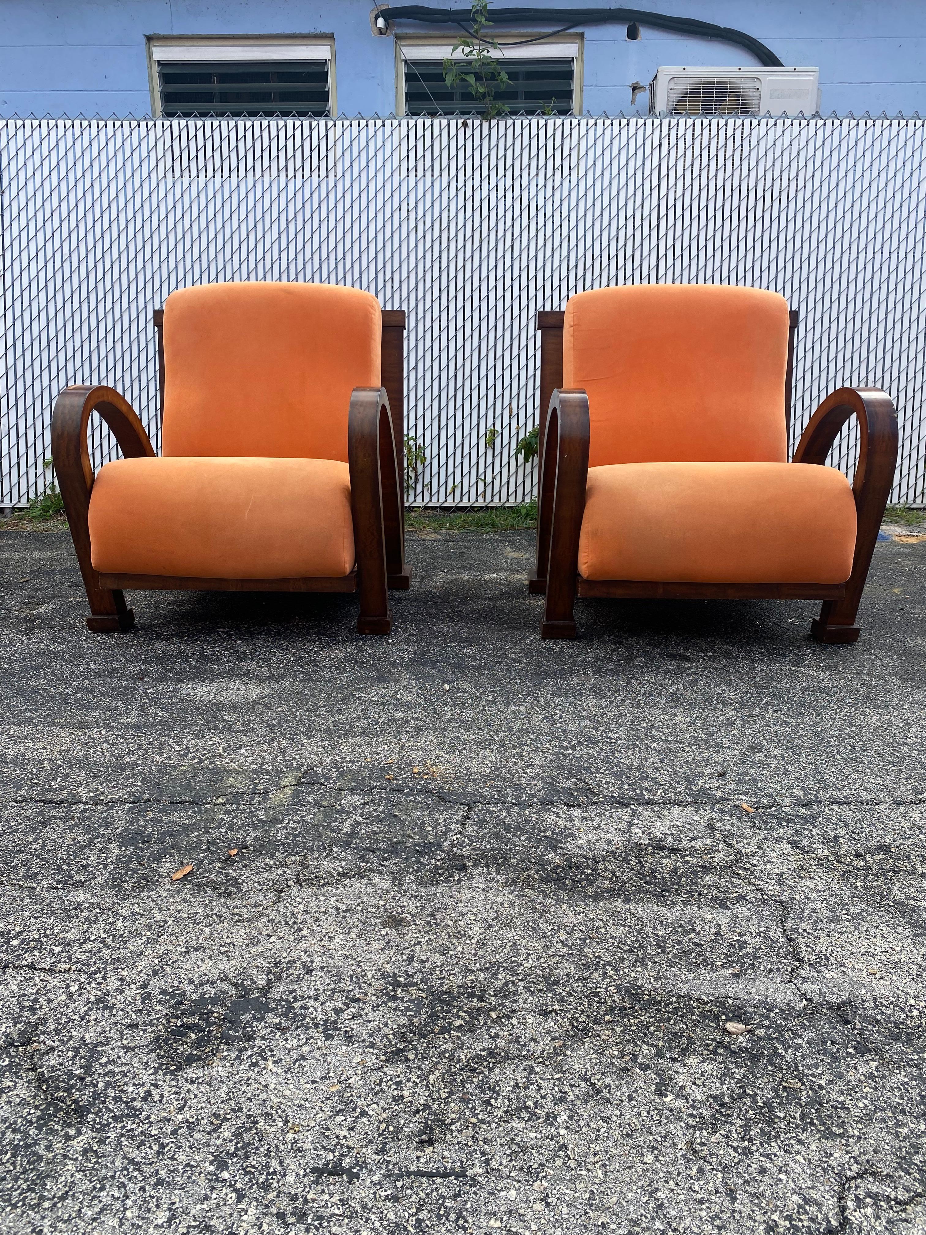 French 1930s Walnut Orange Art Deco Bentwood Chairs, Set of 2
