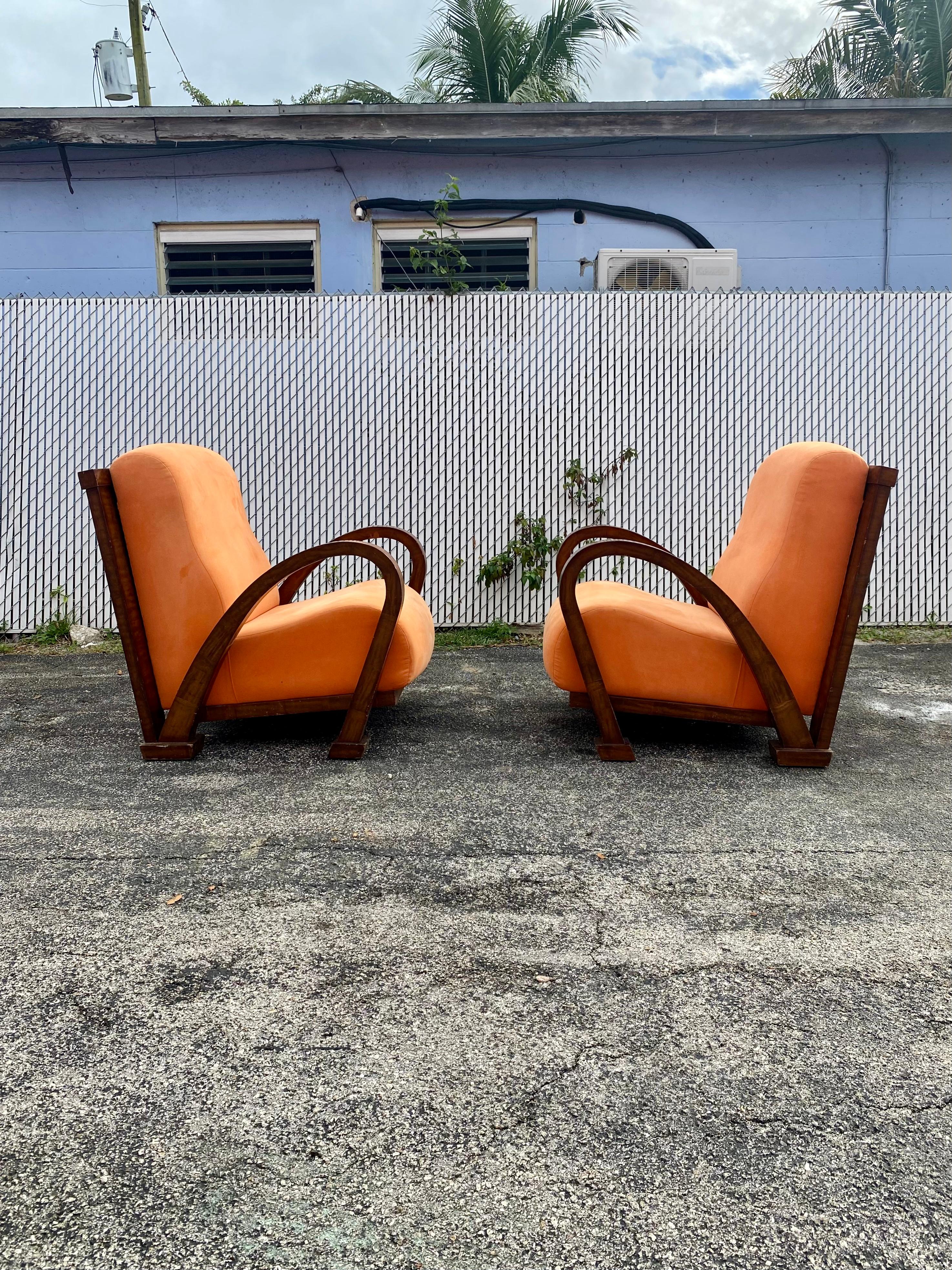 Mid-20th Century 1930s Walnut Orange Art Deco Bentwood Chairs, Set of 2 For Sale