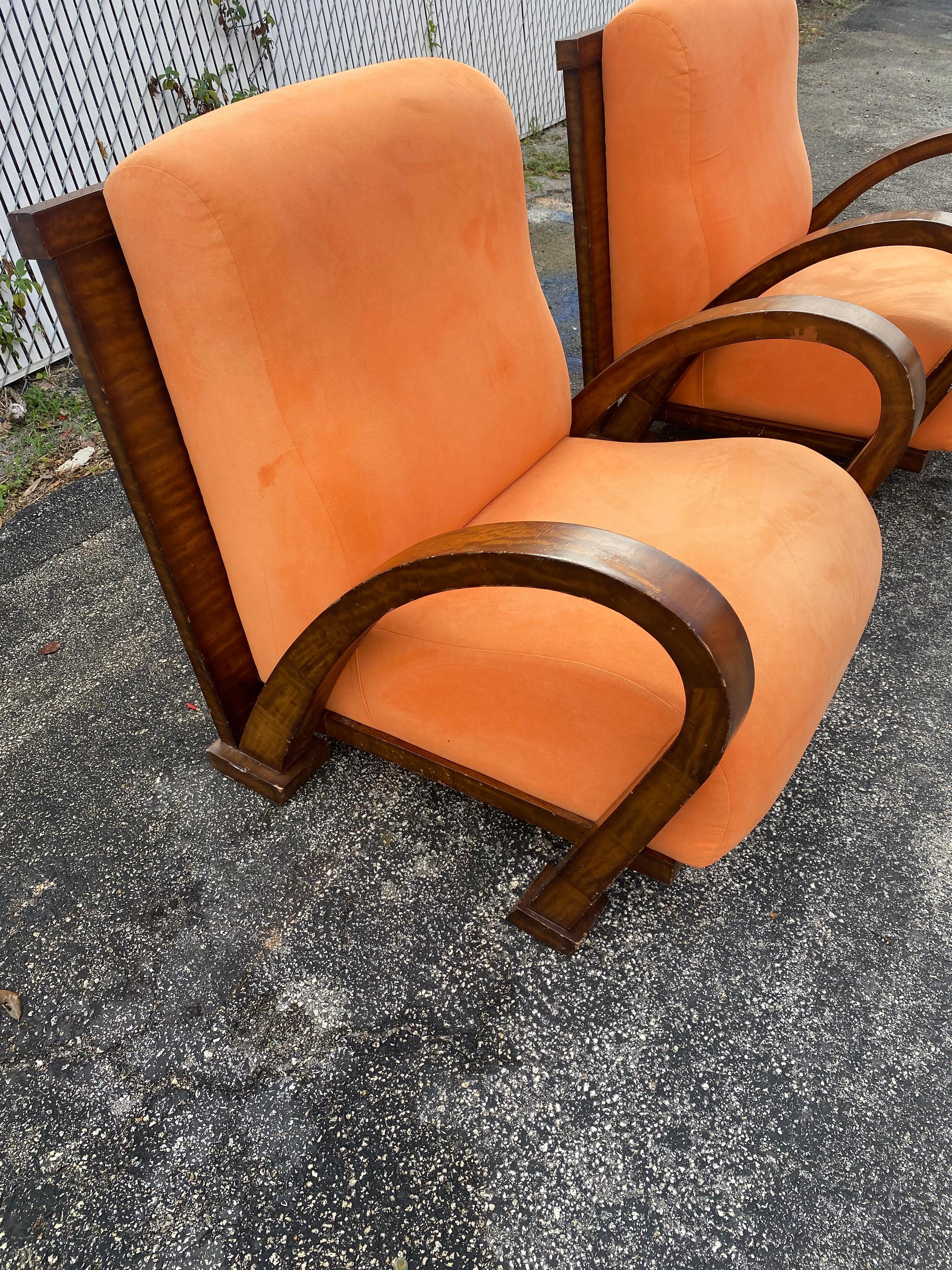 Upholstery 1930s Walnut Orange Art Deco Bentwood Chairs, Set of 2 For Sale