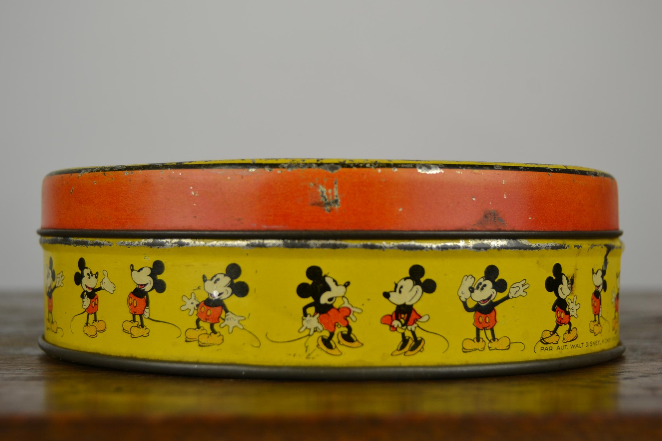 1930s  Walt Disney Tin with Mickey Mouse, Minnie Mouse and Pluto  1