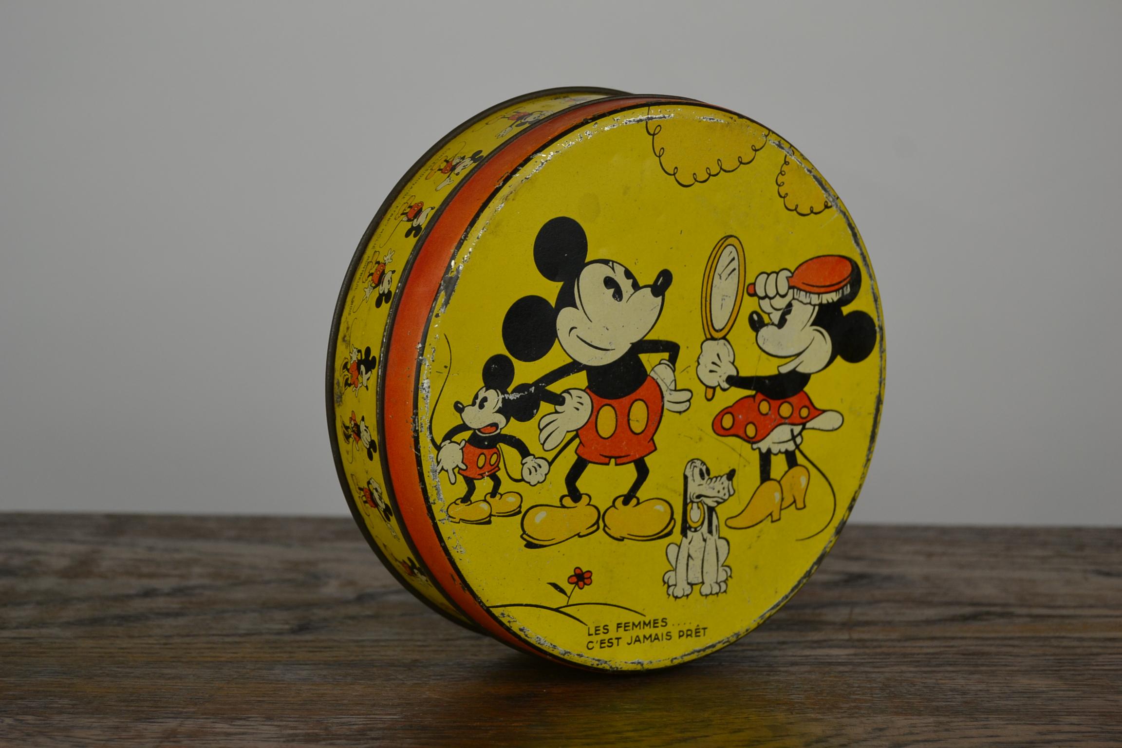 Belgian 1930s  Walt Disney Tin with Mickey Mouse, Minnie Mouse and Pluto 